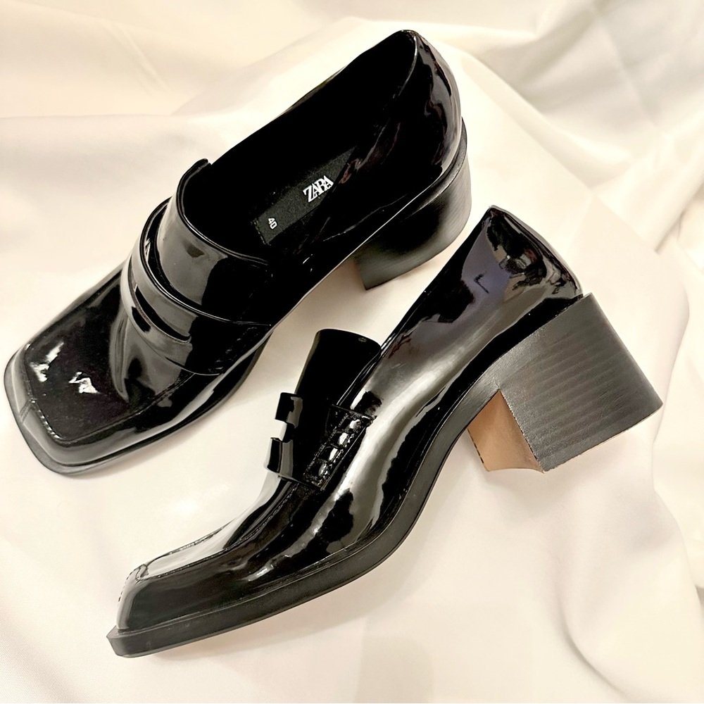 ZARA Black Patent Leather Loafers Block Chunky Heel NWOT | Women’s Size 40 - Picture 5 of 13
